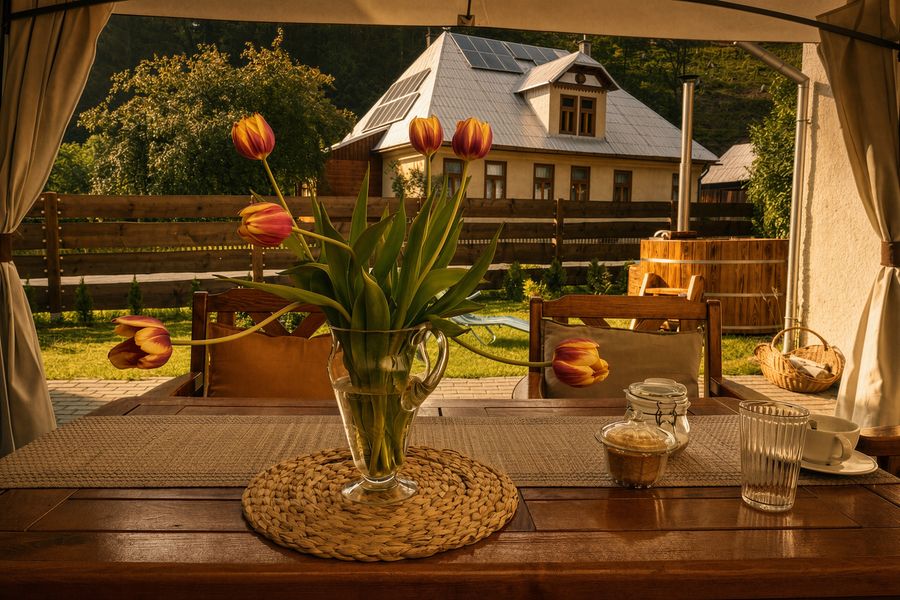 Tulips on the garden table with the cottage behind