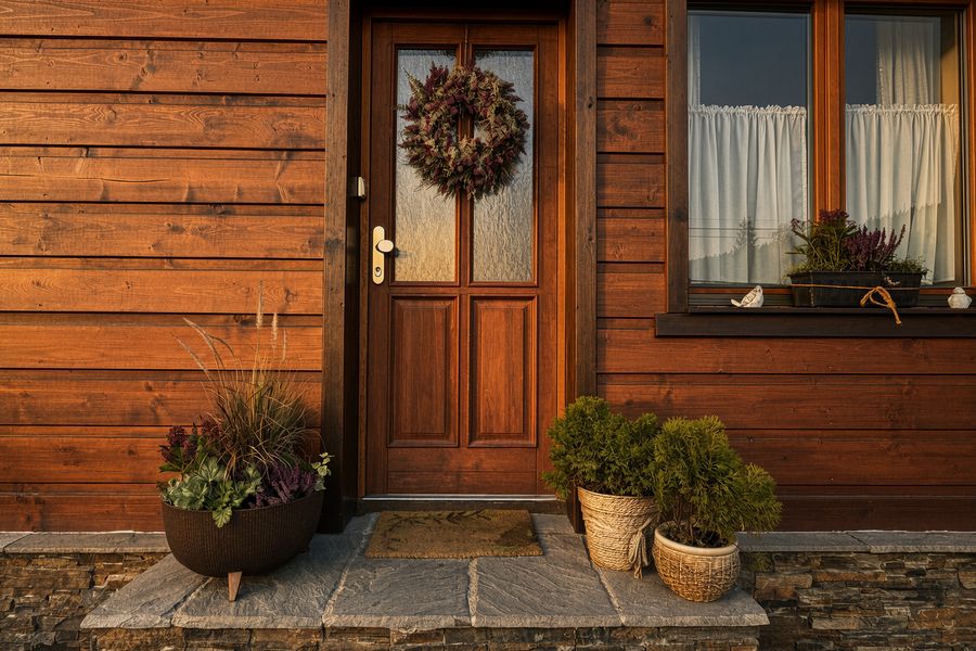Wooden front door with a wreath and flower pots