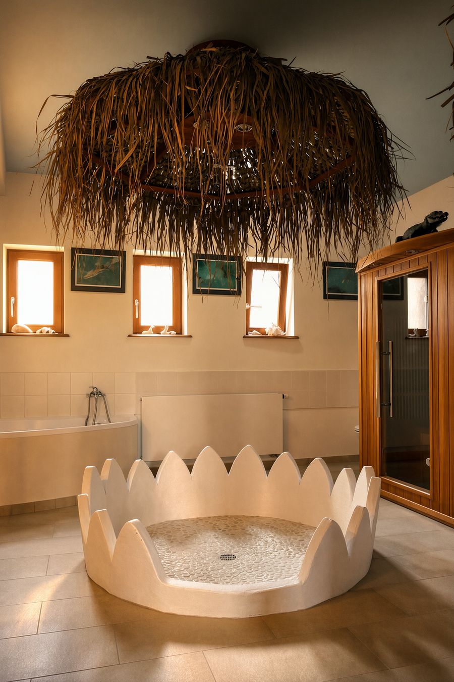 Exotic shower under a thatched canopy