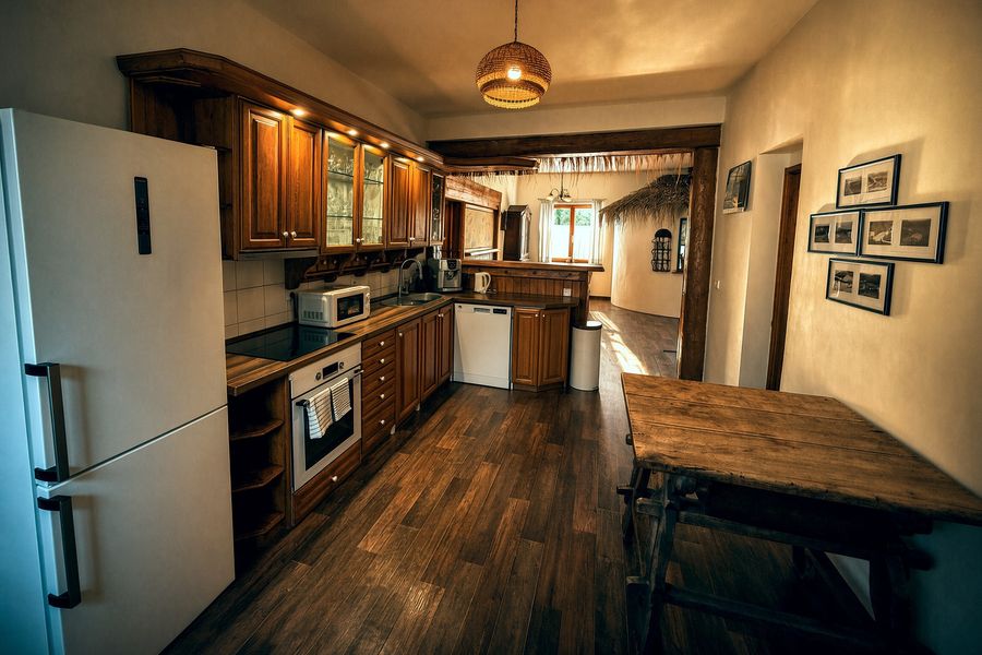 The kitchen seen from the fridge towards the bar