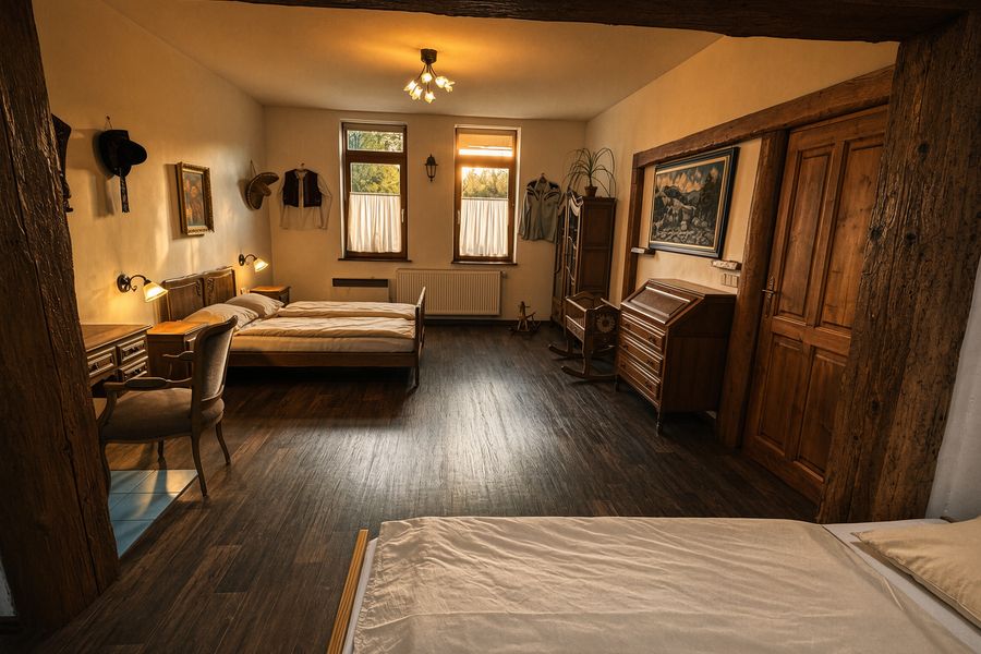 Bedroom with a picture of a Wallachian folk costume on the wall